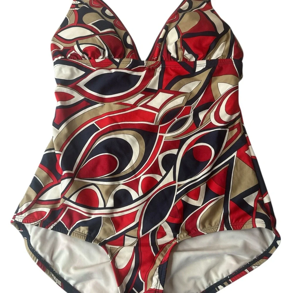 Michael Korhs Red, White & Blue Geometric Psychedelic One Piece Swimsuit Size 10